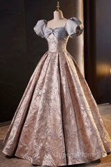 Fashion Floor-Length Printing Evening Prom Dress, A-Line Short Sleeve Backless Evening Formal Dress