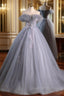 Fashion Gray Tulle Off the Shoulder Appliques Quinceanera Dress