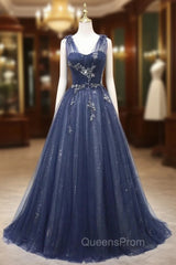 Fashion Navy Blue Tulle Sequins V-neck Evening Prom Dress