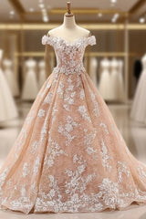 Fashion Pink Off The Shoulder Appliques Tulle Wedding Dress