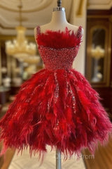 Fashion Red Feather Sequined Cocktail Dress Spaghetti Straps Short Party Gowns Luxurious Homecoming Dress