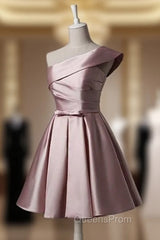Fashionable Pink Knee Length Satin Short Evening Prom Dress, One Shoulder Bridesmaid Dress
