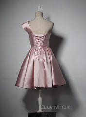 Fashionable Pink Knee Length Satin Short Evening Prom Dress, One Shoulder Bridesmaid Dress