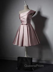 Fashionable Pink Knee Length Satin Short Evening Prom Dress, One Shoulder Bridesmaid Dress
