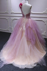Puffy One Shoulder Sleeveless Tulle Evening Prom Dress with Flowers, Ruffles Quinceanera Dress