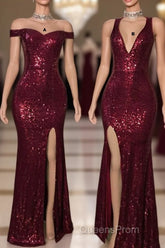 Long Mermaid Burgundy Sequin Evening Prom Dress Glitter Split Evening Gown