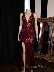 Long Mermaid Burgundy Sequin Evening Prom Dress Glitter Split Evening Gown