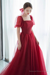 Red tulle long prom dress A line evening dress