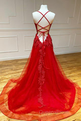 Red Long Evening Prom Dress Chic & Modern Lace Applique Straps Formal Dress