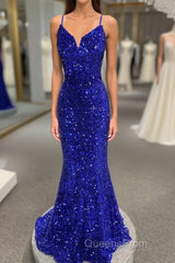 Spaghetti Straps Mermaid Sequin Long Evening Evening Prom Dress