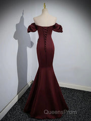 Burgundy Satin Long Evening Prom Dress, Mermaid Off the Shoulder Evening Party Dress