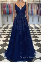 A Line Navy Blue V Neck Lace Evening Prom Dress