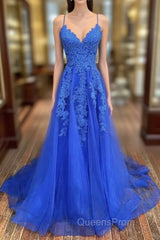 A-line Spaghetti Straps Sweep Train Tulle Evening Prom Dress With Lace Appliqued