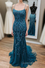 Stunning Blue Lace Appliqus Long Evening Prom Dress