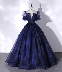 Blue Tulle Sequins Long Prom Dress Blue Evening Gown