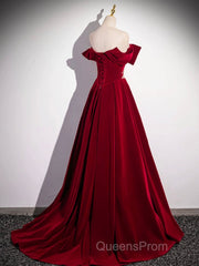 Burgundy Velvet Long Evening Prom Dress, Off the Shoulder Evening Party Dress