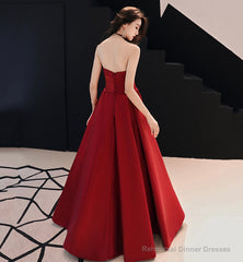 Simple satin long prom dress burgundy evening dress