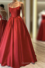 Red Satin Long Evening Prom Dress Simple A-line Evening Dress Red Formal Gown