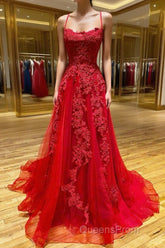 Red Long Evening Prom Dress Chic & Modern Lace Applique Straps Formal Dress
