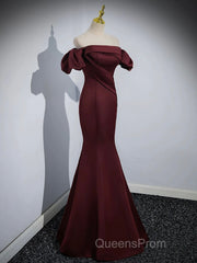 Burgundy Satin Long Evening Prom Dress, Mermaid Off the Shoulder Evening Party Dress