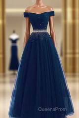 Blue Evening Prom Dress,tulle Evening Prom Gown,off Shoulder Evening Prom Dress,long Evening Prom Dress,a Line Evening Dress