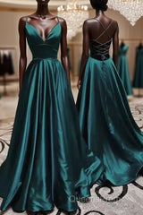 Elegant V Neck Spaghetti Straps A-line Dark Green Evening Prom Dress