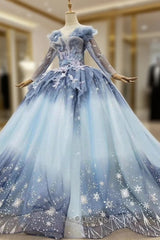 Find The Perfect Shade Of Blue Ball Gown Tulle Sequins Long Sleeve Appliques Beading Evening Prom Dress