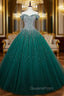 Find Your Dress For Evening Prom! Dark Green Ball Gown Tulle Off the Shoulder Beading Sequins Quinceanera Dress