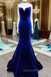 Fitted Mermaid Royal Blue Velvet Evening Prom Dress With Bow