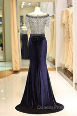 Fleece & Lace Scoop Short Sleeve Mermaid Evening Dress