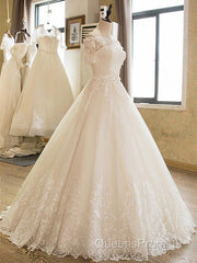 Floor Length Applique Ball Gown Off the Shoulder Lace Tulle 1/2 Sleeves Wedding Dress