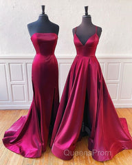 Floor Length Long Satin Burgundy Evening Prom Dress With Split