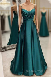 Floor-Length Satin Green Evening Prom Dress A-Line With Pleated