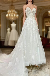 Floral Applique Sweetheart Long Wedding Dress With Sweeping Train
