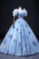 Floral Tulle Long Evening Prom Dress, Blue Short Sleeve Evening Dress