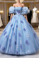 Floral Tulle Long Evening Prom Dress, Blue Short Sleeve Evening Dress