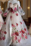 Flowers Appliques Princess A Line Champagne Evening Prom Dress With Slit