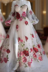 Flowers Appliques Princess A Line Champagne Evening Prom Dress With Slit