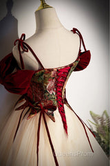 Flowers Champagne Long Tulle Evening Prom Dress with Straps