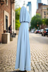 Flutter Sleeves Chiffon Sky Blue Bridesmaid Dress with Sash Bow Max Dress