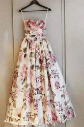 Simple Sweetheart Long Prom Dresses, Prom Outfits Floral Strapless Evening Dresses