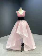 For You Pink Organza V-neck Heavy Beading Prom Dress
