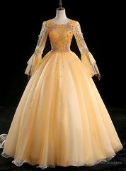 For Your Big Night Gold Ball Gown Tulle Long Sleeve Beading Quinceanera Dress