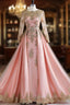 Eveningly Gold Lace Appliques Pink Tulle Long Sleeve Evening Prom Dress