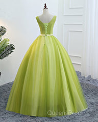 Fresh Green Tulle V Neck Long Lace Up Senior Evening Prom Dress With Applique
