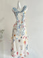 Fresh White Background Colorful Floral V-Neck Ruffle Waist Chiffon Long Classy Prom Dress