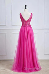 Fuchsia A-Line Long Evening Prom Dress Plunging V Neck Floral