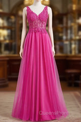 Fuchsia A-Line Long Evening Prom Dress Plunging V Neck Floral