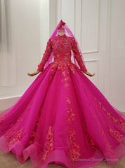 Fuchsia Ball Gown High Neck Long Sleeve Appliques Beading Wedding Dress