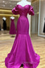 Fuchsia Mermaid Satin Strapless Puff Sleeve Evening Prom Dress